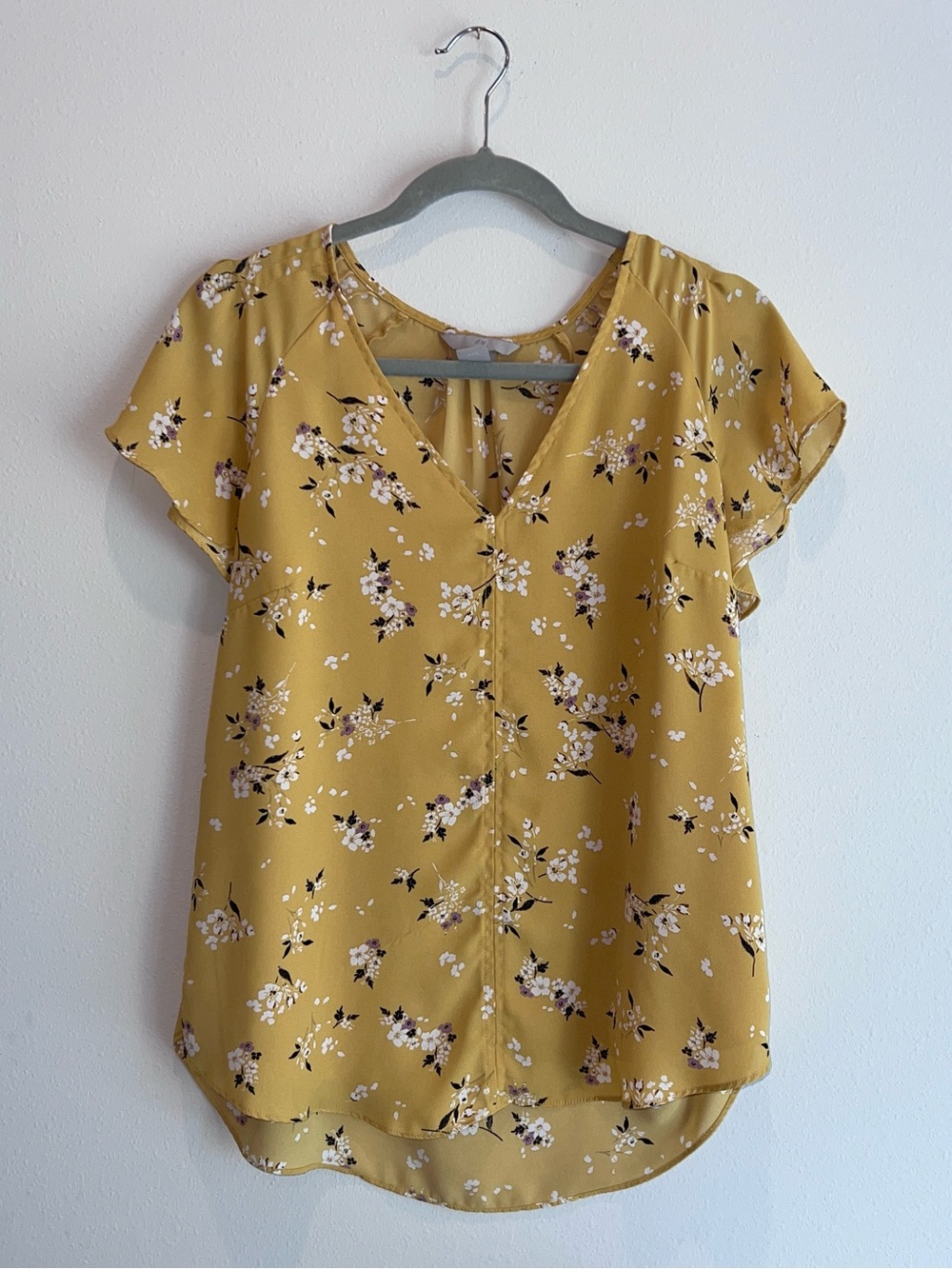 H&M Boho Floral V-Neck Blouse Yellow Cottagecore Flutter Sleeve Top Size 10